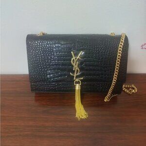 Saint Laurent Black Croc Shoulder Bag with Gold Accents
